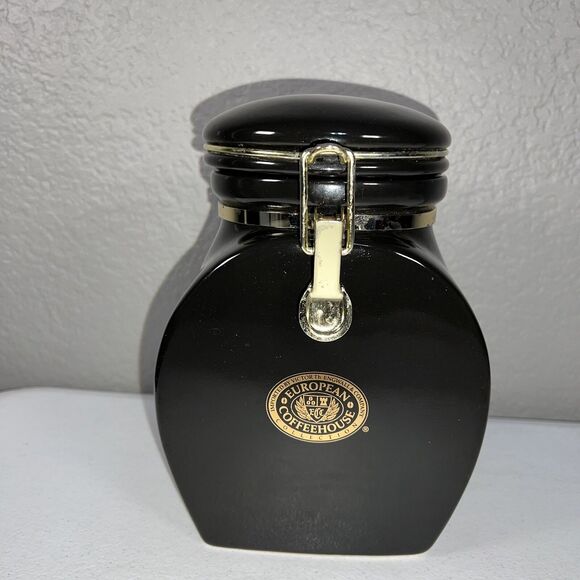 European Coffeehouse Collection Brown & Gold Coffee Canister Jar W/ Locking Lid - Picture 1 of 6